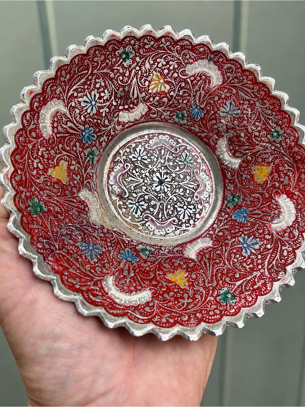Vintage Indian Meenakari Metal Bowl Red Floral Scalloped Trinket Dish